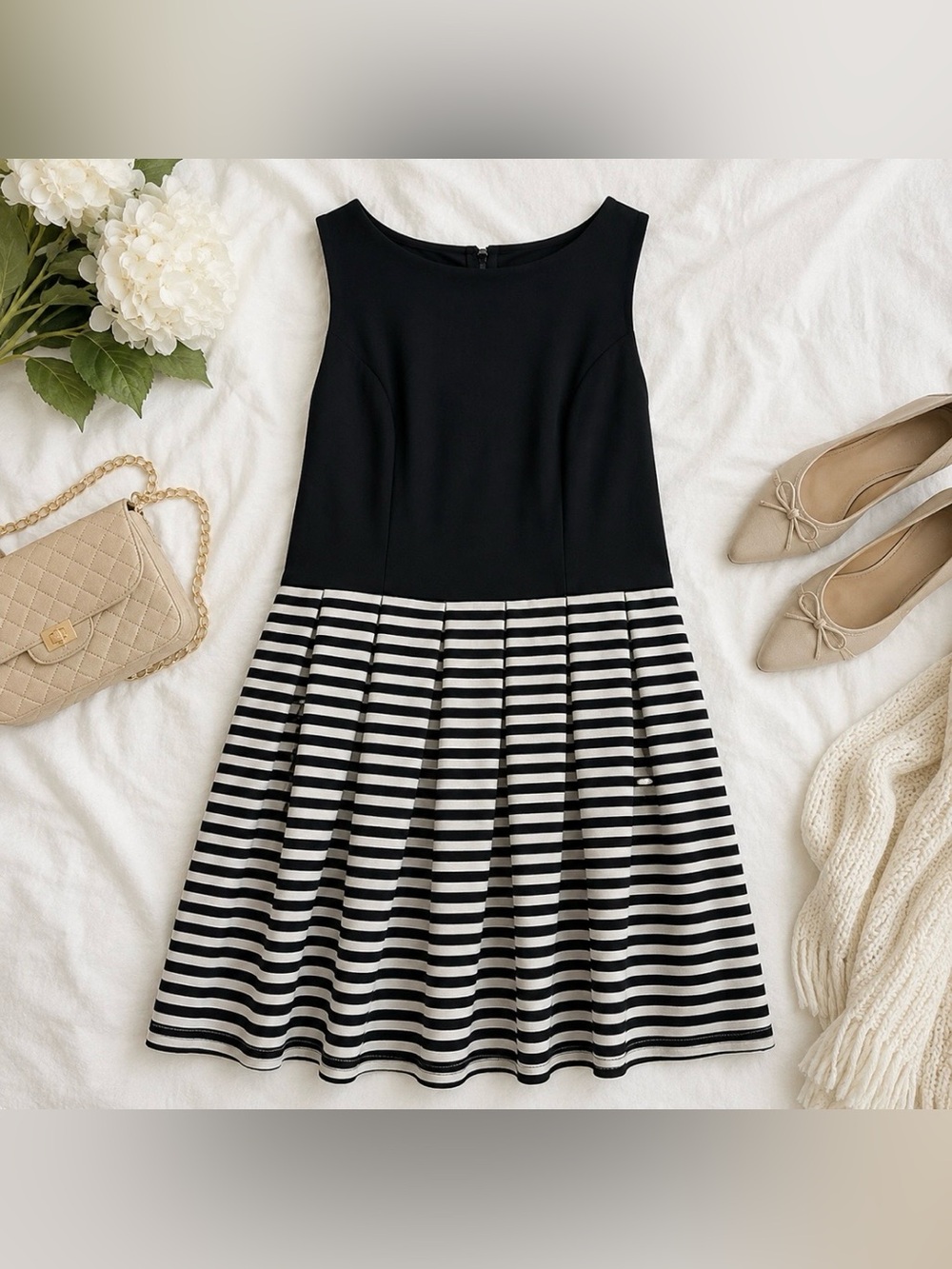 Xhilaration Black Bodice with Black & White Striped Midi Skirt Dress size XL